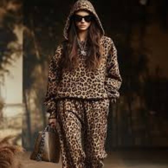 Retro Oyrosy Leopard Print Hooded Sweatshirt And Pant 2 Piece Women M Jogger Set - Picture 1 of 15